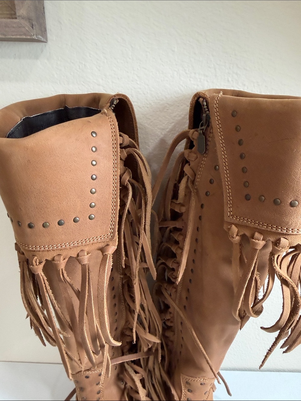 LIBERTY Black Tan Fringe Knee Leather Boots - Picture 7 of 14